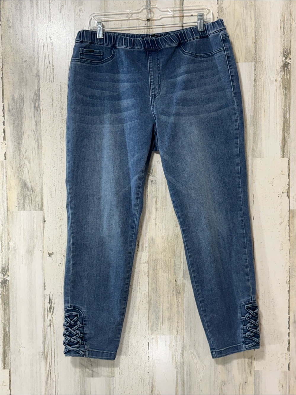 Cropped Dark Blue Lace-Up Hem Pull-On Jeans